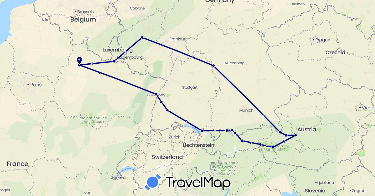 TravelMap itinerary: driving in Austria, Germany, France, Luxembourg (Europe)